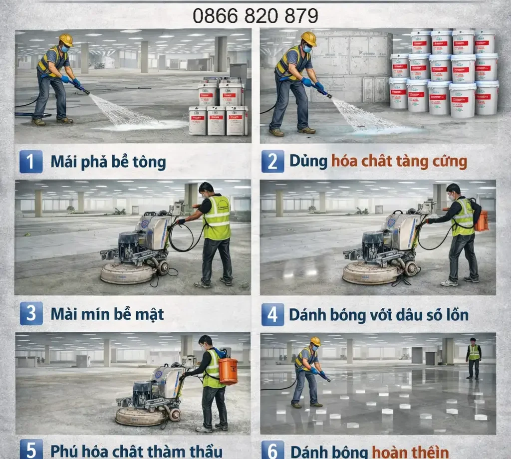 quy trình đánh bóng bê tông chuẩn mài – densify – polish – seal