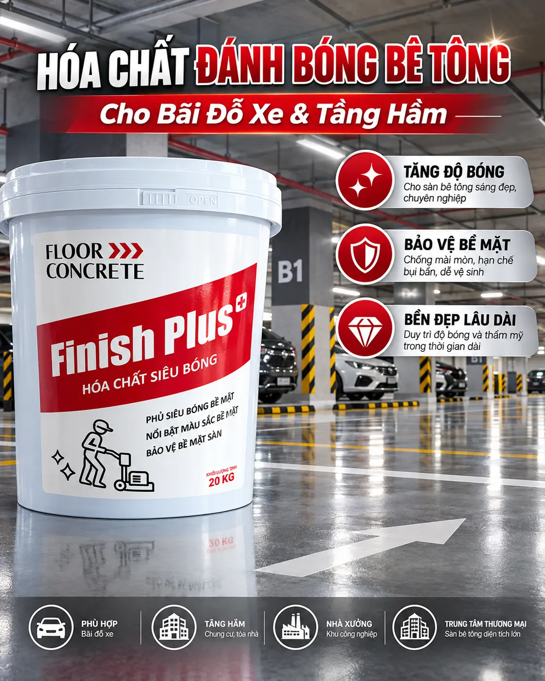 Hóa Chất Đánh Bóng Bê Tông Bãi Đỗ Xe & Tầng Hầm